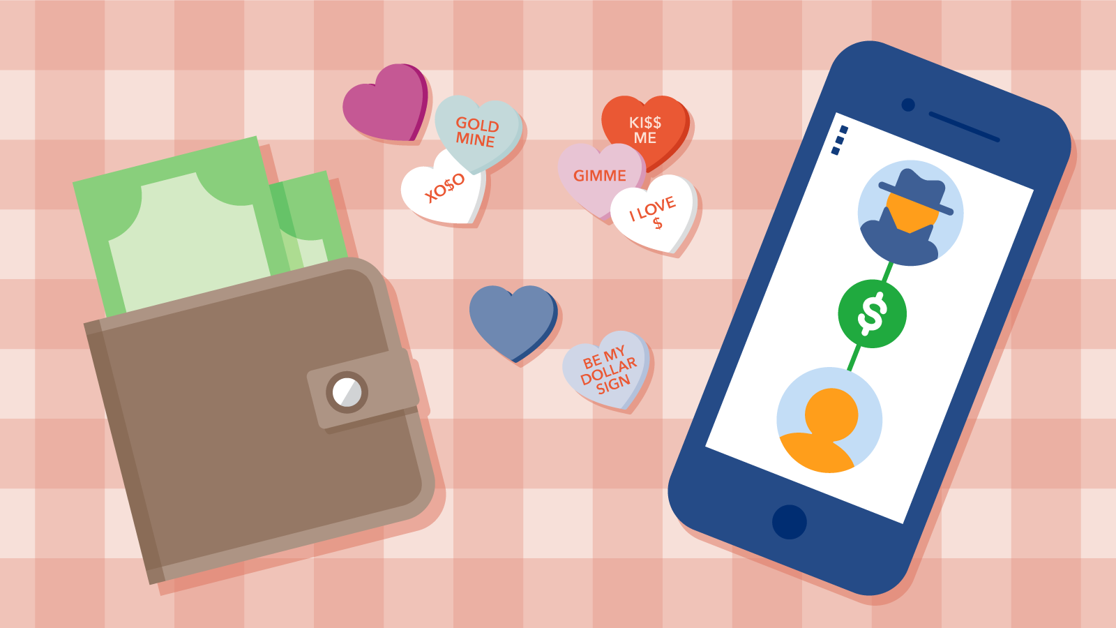 romance scams cartoon - phone and wallet